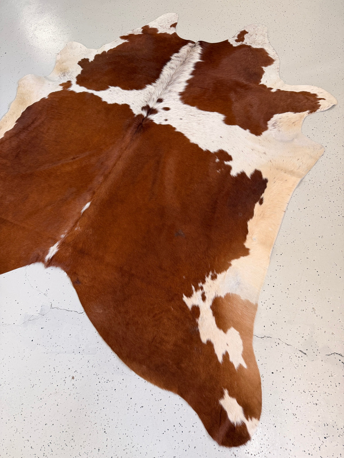 Brown and White Cowhide Rug, hide #918, 191 x 196cm