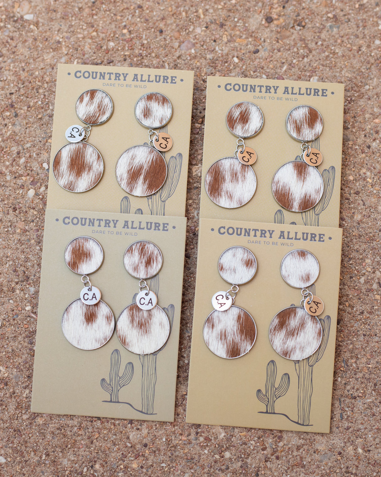 Cowhide Double Dangle Earring - Tan/White