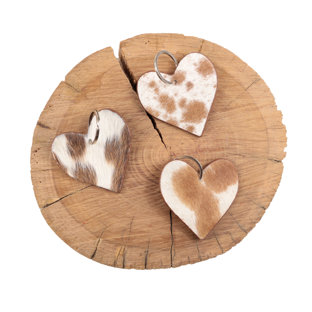 Cowhide Heart Keychain - Tan/White Patch
