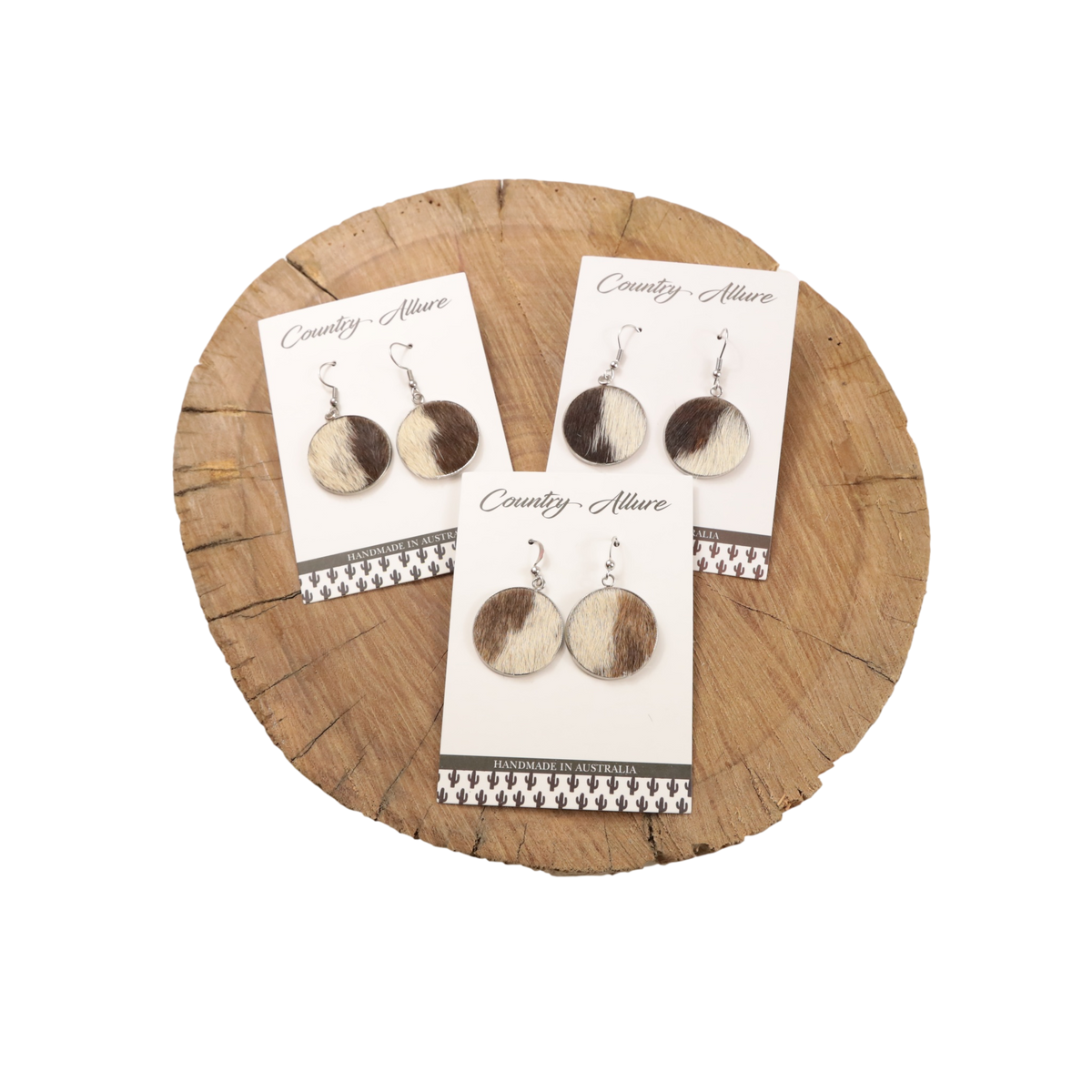 Cowhide Round Dangle - Brown/White Patch